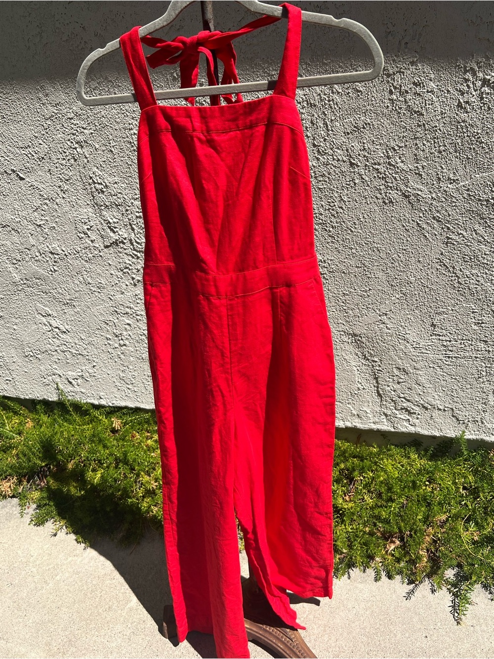 Boden Red Halter Linen-Style Wide-Leg Jumpsuit